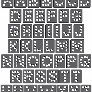 May include: A set of 26 alphabet letters represented by a series of white dots on a gray background. Each letter is displayed in a square shape.