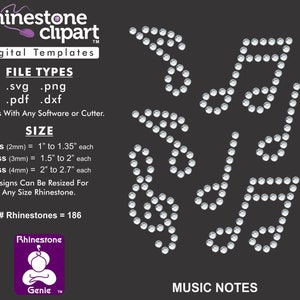 May include: A digital template for creating rhinestone music notes. The design includes five music notes made of white rhinestones on a black background. The template is available in SVG, PNG, PDF, and DXF file formats. The design can be resized for any size rhinestone. The template requires 186 rhinestones.
