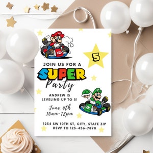 Super Mario Birthday Invitation Mario Bros Invitation Super Brothers boy Invite Kid Invite Editable Canva Template Racing Gear Mario Bros