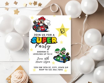 Super Mario Birthday Invitation Mario Bros Invitation Super Brothers boy Invite Kid Invite Editable Canva Template Racing Gear Mario Bros