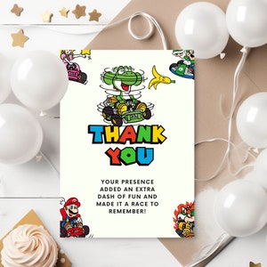 Edytowalne zaproszenie urodzinowe Cyfrowe zaproszenie Super Brothers Evite Edytowalne w Canva Do pobrania Mario Bros Yoshi Kart Urodzinowa kartka z podziękowaniami