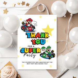 Convite editável de aniversário digital Super Brothers Evite editável no Canva para impressão Baixar videogame Kid Invitation Cartão de agradecimento do Mario