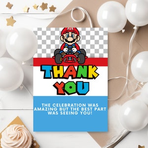Cartão de agradecimento para convite de aniversário do Super Mario, festa de aniversário do Mario Bros, videogame, convite para festa de aniversário infantil, damas, cartão de agradecimento