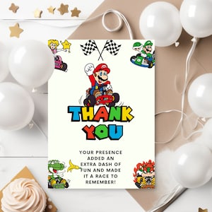 Biglietto di ringraziamento per la festa di compleanno di Mario Kart Etichetta di ringraziamento di Mario Bros, Invito di compleanno di Super Mario Grazie per essere venuto Nota di Mario Kart