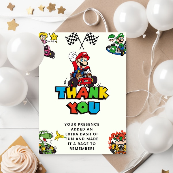 Thank You Card for Mario Kart Birthday Party Mario Bros Thank You Tag, Super Mario Birthday Invitation Thanks for Coming Mario Kart Note