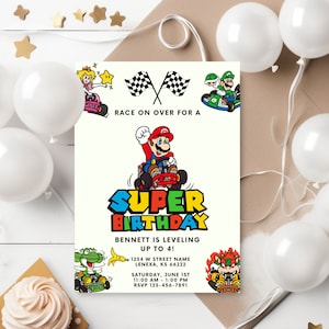 Kid Mario Kart verjaardagsuitnodiging Super Mario verjaardagsuitnodiging Mario Bros Kid uitnodigen bewerkbare uitnodiging Canva-sjabloon Mario Brother