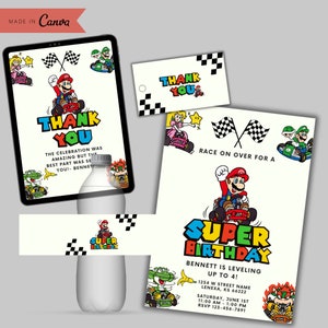 Mario Kart Invitation Super Mario Birthday Invitation Super Brother boy Invite Invitation Bundle Kid Invite Editable Template Editable Canva