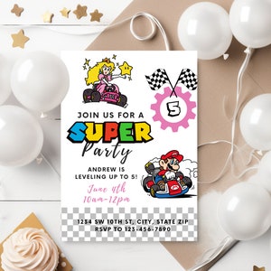 Mario Bros Invitation Super Mario Birthday Invitation Super Brother boy Invite Racing Gear Princess Peach Invitation Editable Template Canva