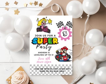 Mario Bros Invitation Super Mario Birthday Invitation Super Brother boy Invite Racing Gear Princess Peach Invitation Editable Template Canva