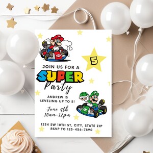 Mario Bros Birthday Invitation Template kid Mario Bros Kart Birthday Invite Super Mario Invitation Editable Canva Printable Digital Invite