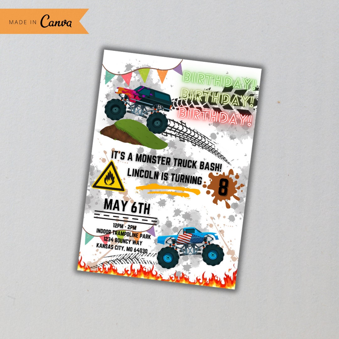 Kids Monster Truck Birthday Invitation Template Printable, Boy Birthday ...
