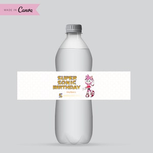 Amy Rose Birthday Water Bottle Template Printable kids Birthday Super Sonic Movie water bottle label Juice Water Bottle Party Water Labels