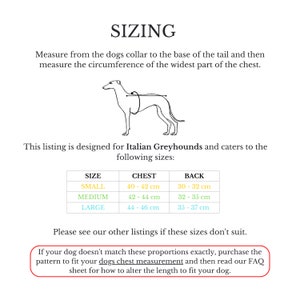 May include: Sizing chart for Italian Greyhound clothing. The chart shows measurements for chest and back in centimeters. Sizes include small, medium, and large.