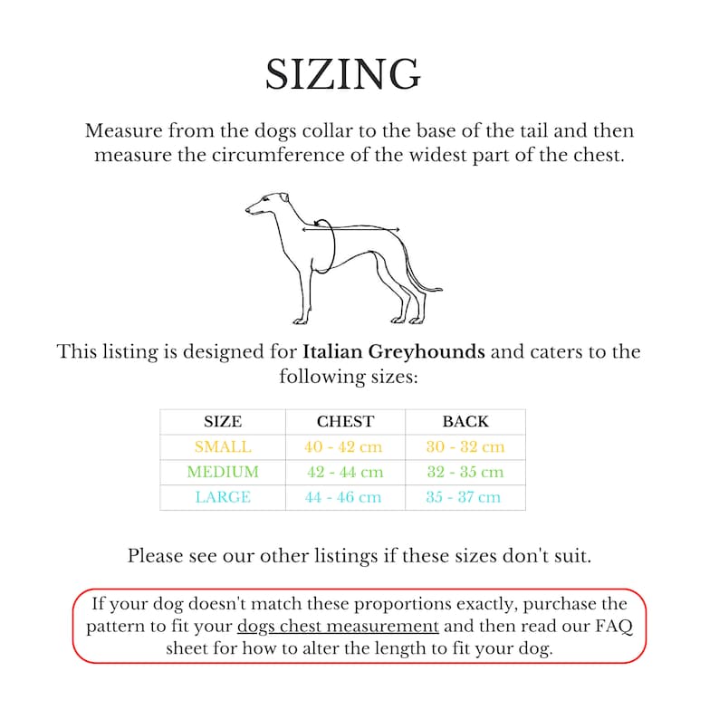 May include: Sizing chart for Italian Greyhound clothing. The chart shows measurements for chest and back in centimeters. Sizes include small, medium, and large.