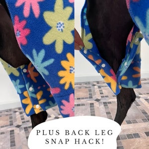 May include: A blue fleece dog jumpsuit with a floral print. The jumpsuit has a snap closure on the back leg. The text "PLUS BACK LEG SNAP HACK!" is printed below the image.