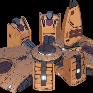 May include: A large, futuristic, orange-brown space station with a central hub and five surrounding modules. The station has a complex design with intricate details and a sleek, modern aesthetic.