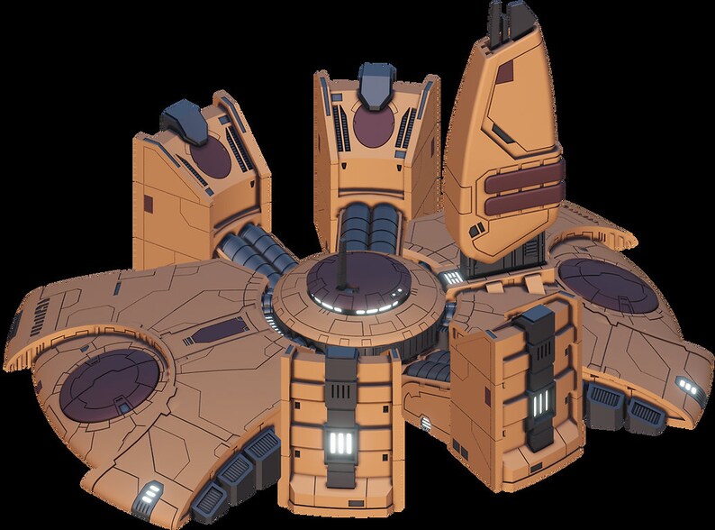 May include: A large, futuristic, orange-brown space station with a central hub and five surrounding modules. The station has a complex design with intricate details and a sleek, modern aesthetic.