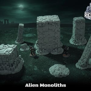 May include: A set of gray, blocky, geometric monolith structures with a textured, pixelated surface. The collection includes various pillar and cube shapes arranged in a cluster, accompanied by two small figurines and the text Alien Monoliths.