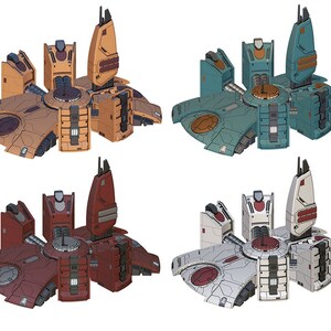 May include: Four 3D models of a futuristic space station with a central hub and six surrounding modules. The models are in different color schemes: orange, teal, red, and white.