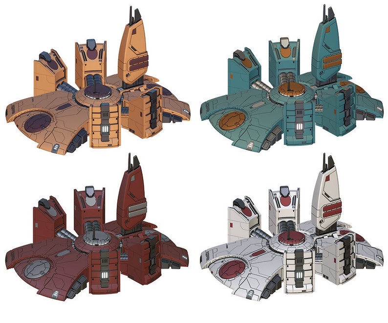 May include: Four 3D models of a futuristic space station with a central hub and six surrounding modules. The models are in different color schemes: orange, teal, red, and white.