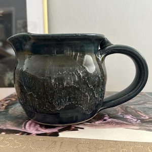 Wheel-Thrown Ceramic Pottery Pitcher By Local Artist Rusty Miller Rustic Aesthetic Distinctive Teal Green Glaze Made in 2000