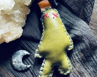 Green Boodoo Doll Keychain **Made of recycled leather and hand stitched**