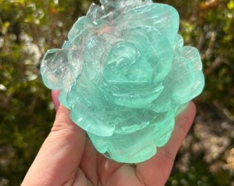 Fluorite Rose Carving Green Fluorite Flower UV Reactive Crystal
