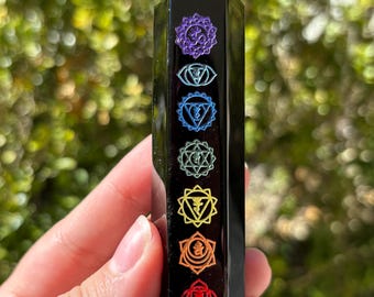 Black Obsidian Chakra Tower Crystal Point Engraved Stone