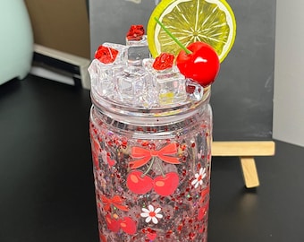 16 Oz Cherry Plastic Snow Globe Tumbler with Lid and Straw