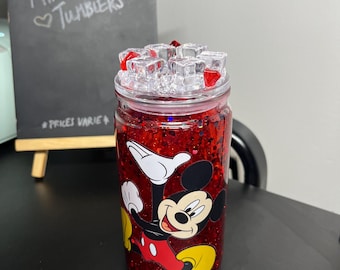 16 Oz Mickey Mouse Plastic Snow Globe Tumbler with Lid and Straw