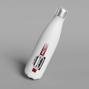 May include: White stainless steel water bottle with a red and white graphic of a car and the text "MGTF".