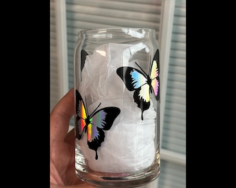 Holographic Butterflies Libby Glass Beer/Soda Can - Aesthetic Glass for Cold & Room-Temp Drinks! With Bamboo Lid and Choice of Straw!