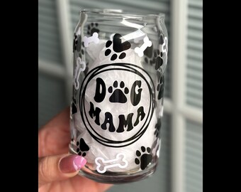 Dog Mama Libby Glass Beer Can w/ Bamboo Lid & Glass OR Metal Straw