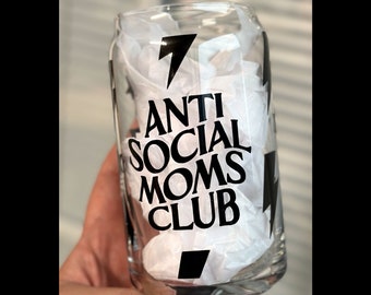 Anti Social Moms Club Libby Glass Beer/Soda Can - Aesthetic Glass for Cold & Room Temp Drinks! With Bamboo Lid and Choice of Straw!