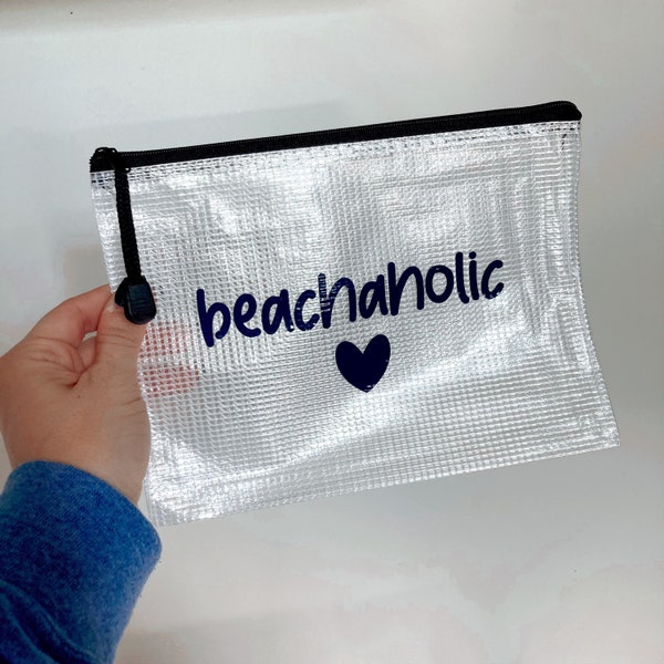 Water Resistant Pouch- Mesh Zipper Bag- Name Beach Bag- Wet Dry Pool Pouch- Beach Money Bag- Sunscreen Bag- SPF pouch- Cute Beach Zip Bag