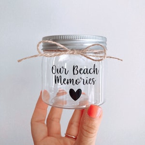 Plastic Seashell Jar- Our Beach Memories- Beach Vacay- Honeymoon Gift- Beach Treasures Sand Container- Seashell Display- Vacation Keepsake