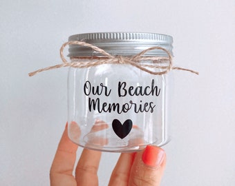 Plastic Seashell Jar- Our Beach Memories- Beach Vacay- Honeymoon Gift- Beach Treasures Sand Container- Seashell Display- Vacation Keepsake