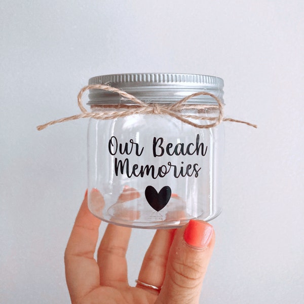 Plastic Seashell Jar- Our Beach Memories- Beach Vacay- Honeymoon Gift- Beach Treasures Sand Container- Seashell Display- Vacation Keepsake
