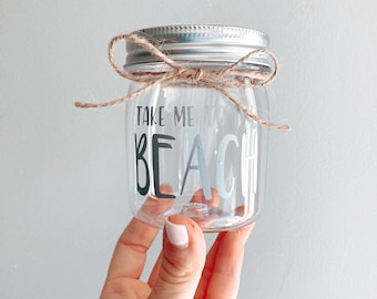 Plastic schelpenpot - Take Me To The Beach - Zandcollectie - Mason Jar Custom - Strandschatten - Strandbruiloft - Bestemmingsbruiloft