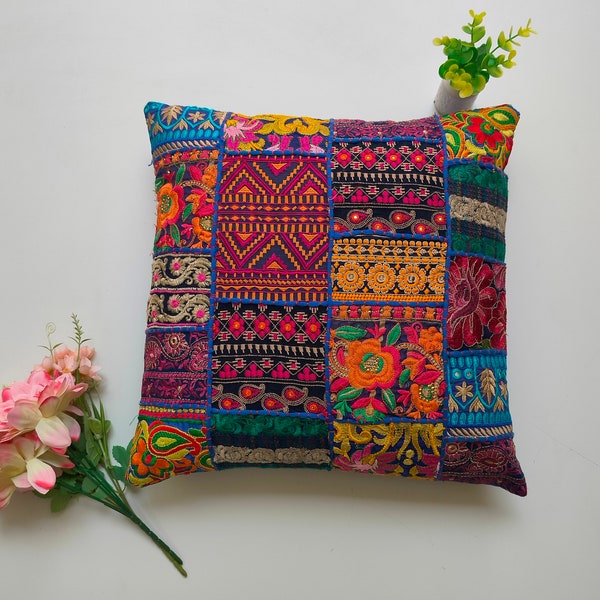 Recycled fabric pillow cover, Recycled sari cushion cover, Patchwork cushion cover, Multi colour pillow cover, Khambadia cushion cover