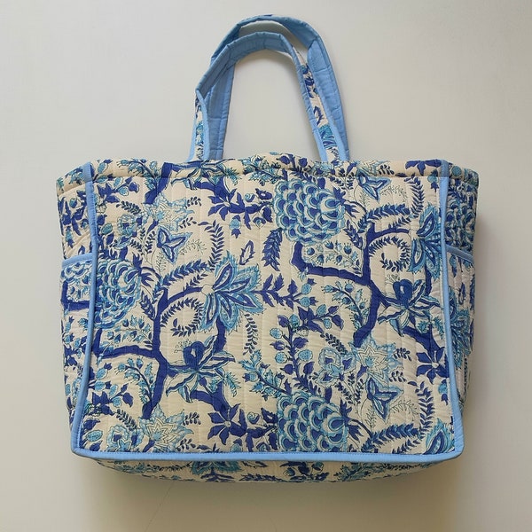 Printed Tote Bag, Quilted Tote Bag, Block Printed Bag, Shopping Bag, Floral Print Bag