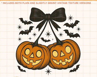 コケットハロウィンPNG | ヴィンテージジャックオーランタンのリボンデザイン | レトロなパンプキン昇華クリップアート | 不気味でかわいいシャツのグラフィック | パンプキンチェリー