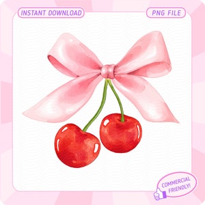 May include: Two red cherries with green stalks tied together with a pink satin bow. The bow is tied in a knot with the tails of the bow flowing down on either side of the cherries.
