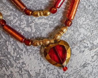 12 inch hand beaded Red and Gold Gemstone Necklace, Bracelet and Earring set