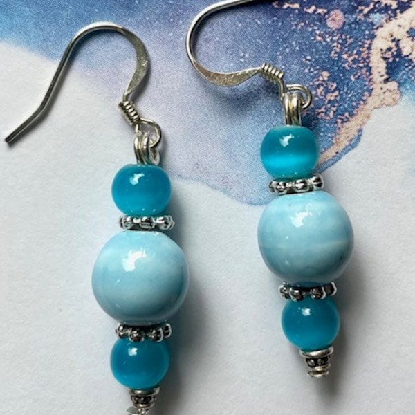 Sky Blue and White Beads Aqua Cats eye Beads