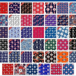 May include: A collection of 36 different fabric patterns featuring logos of Major League Baseball teams. Each pattern is a different color and design, with the team's logo repeated throughout. The fabric is labeled "cotton".