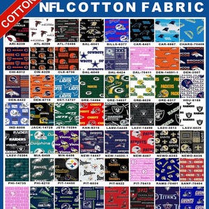 May include: A grid of NFL cotton fabric swatches featuring various team logos, helmets, and names in team-specific colors. Each square includes a unique alphanumeric code below it. The top banner displays the text NFL COTTON FABRIC.
