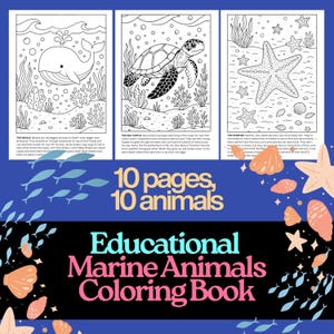 Ocean Marine Animals Coloring Book for Kids | 10 Printable Pages with Fun Facts, Marine Life Educational Activity, Instant Download PDF