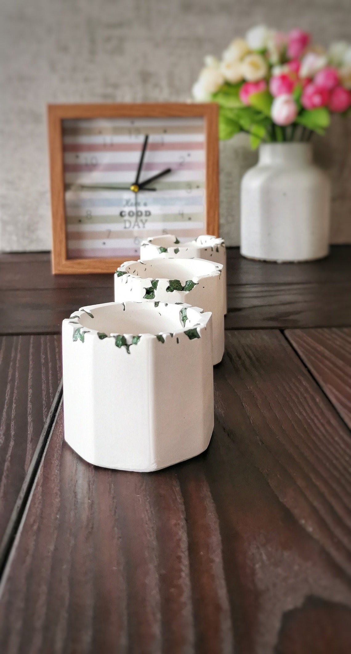 Candle jars empty interspersed with green marble chips. Candle Etsy