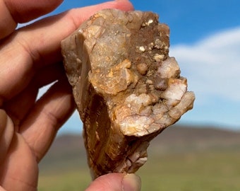 May include: A rough, natural stone with a mix of tan, brown, and white colors. The stone has a textured surface and appears to be held against a backdrop of a blue sky and distant hills. The stone's irregular shape suggests it is a raw, unprocessed specimen.
